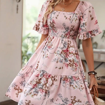 Women's Elegant Square Neck Floral Print Smocked Dress