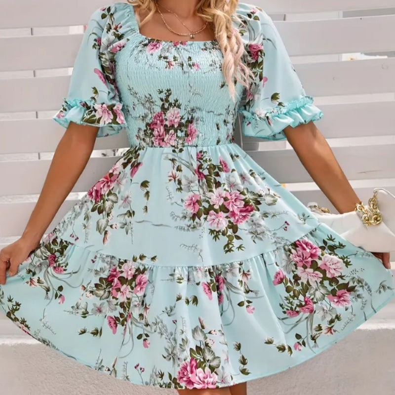 Women's Elegant Square Neck Floral Print Smocked Dress