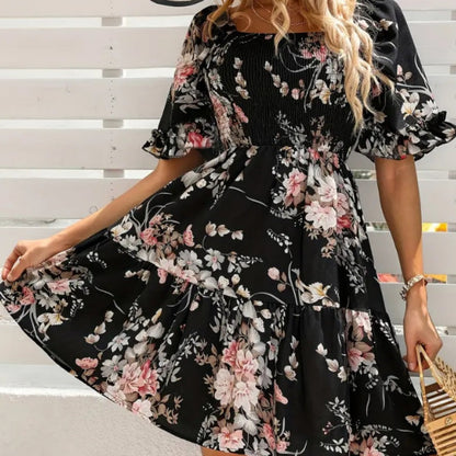 Women's Elegant Square Neck Floral Print Smocked Dress