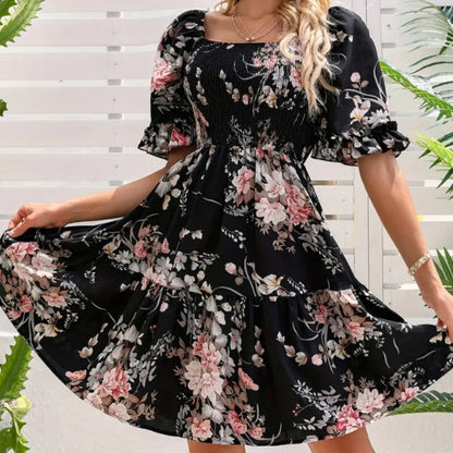 Women's Elegant Square Neck Floral Print Smocked Dress