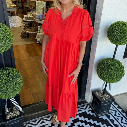 Women's Elegant V-Neck Puff Sleeve Tiered Dress