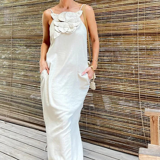 Women's Elegant Spaghetti Strap Maxi Dress with Floral Accent