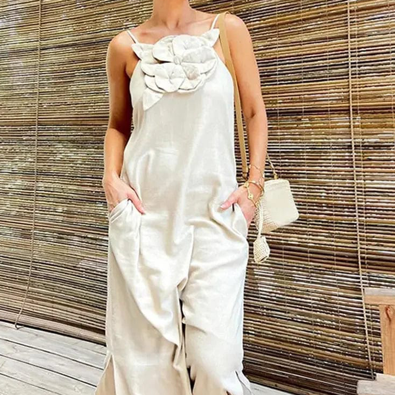 Women's Elegant Spaghetti Strap Maxi Dress with Floral Accent