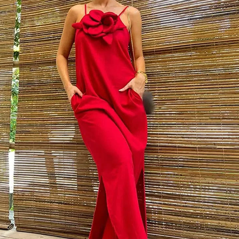 Women's Elegant Spaghetti Strap Maxi Dress with Floral Accent