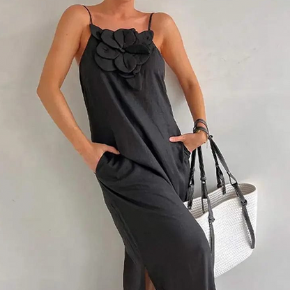 Women's Elegant Spaghetti Strap Maxi Dress with Floral Accent