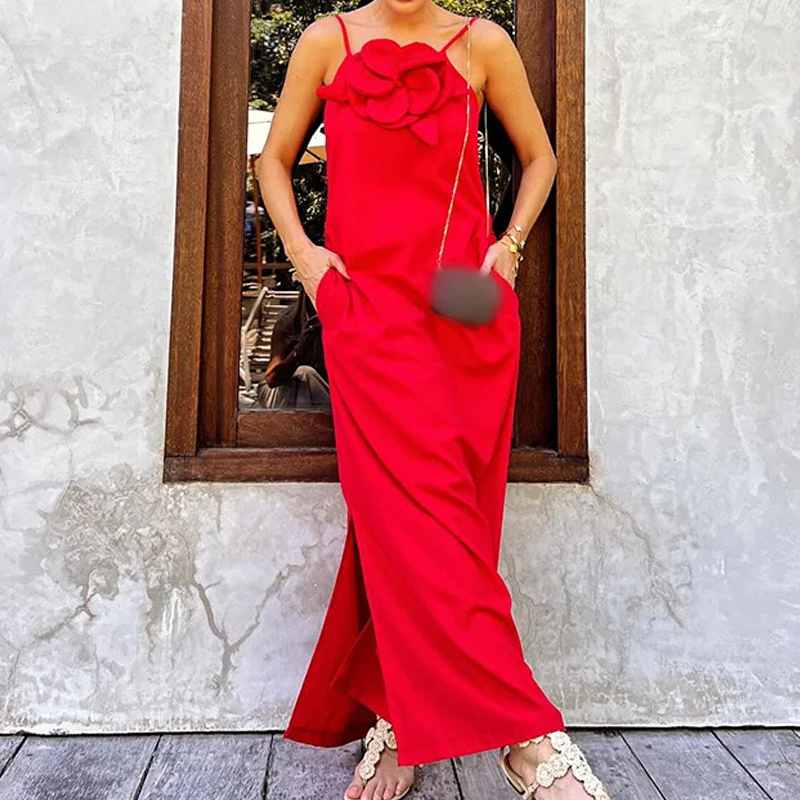 Women's Elegant Spaghetti Strap Maxi Dress with Floral Accent