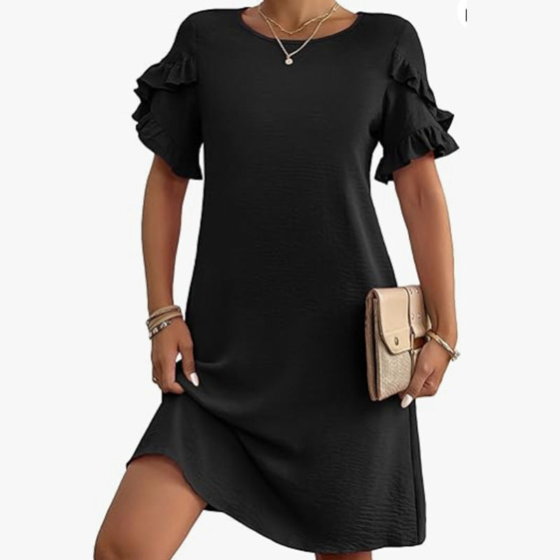 Women's Solid A-Line Ruffled Short Sleeves Dress