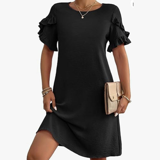 Women's Solid A-Line Ruffled Short Sleeves Dress