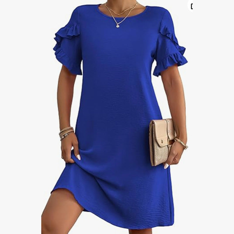 Women's Solid A-Line Ruffled Short Sleeves Dress