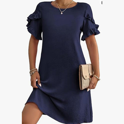 Women's Solid A-Line Ruffled Short Sleeves Dress