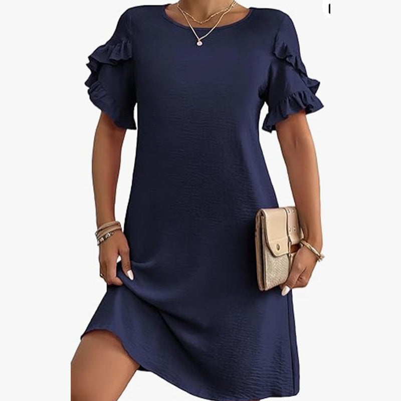 Women's Solid A-Line Ruffled Short Sleeves Dress