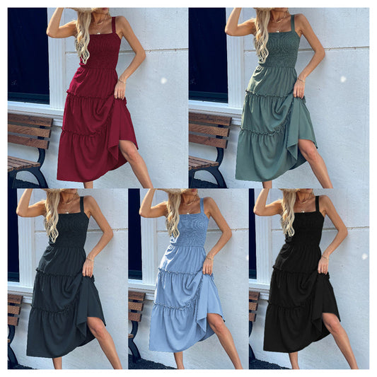 Women's Sleeveless Smocked Dress with Tiered Ruffle Hem