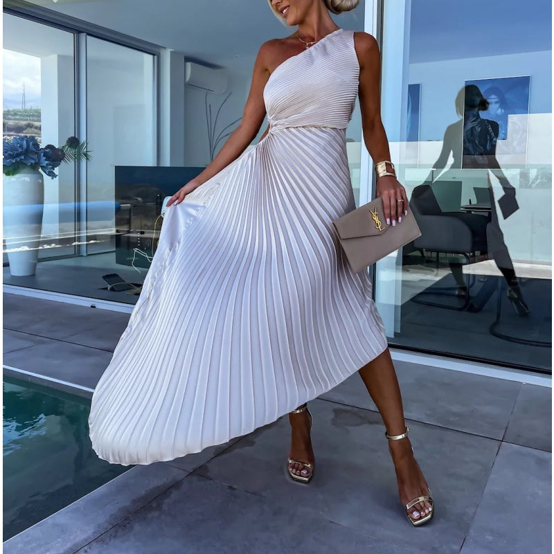 One-Shoulder Pleated Hollow Maxi Dress