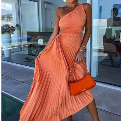 One-Shoulder Pleated Hollow Maxi Dress