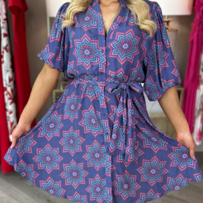 Woman's Elegant Printed V-Neck Dress