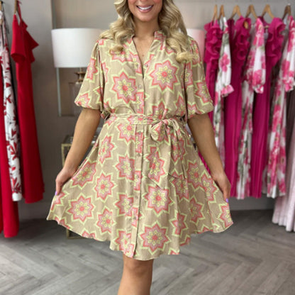 Woman's Elegant Printed V-Neck Dress