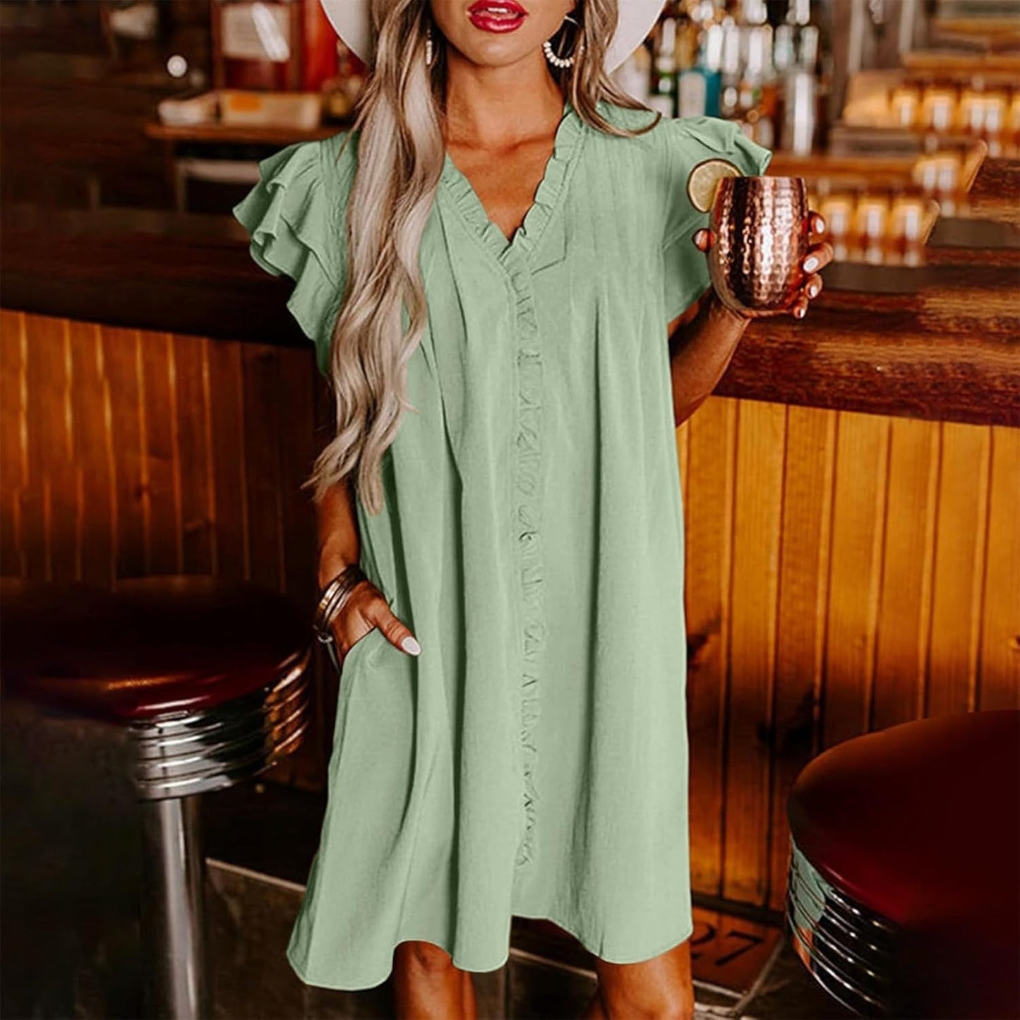 Women's Casual V-Neck Ruffle Pleated Dress