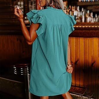 Women's Casual V-Neck Ruffle Pleated Dress