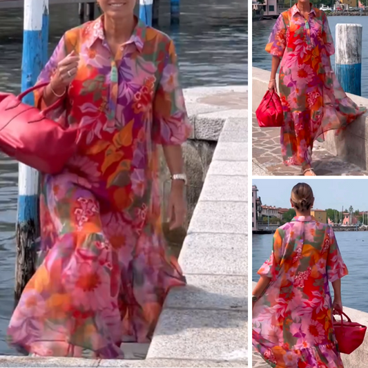 Red Floral Printed Chiffon Dress