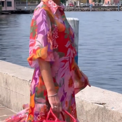 Red Floral Printed Chiffon Dress