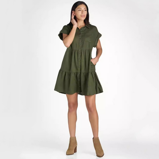 Women's Lapel Short Sleeve Pleated Button-Down Dress