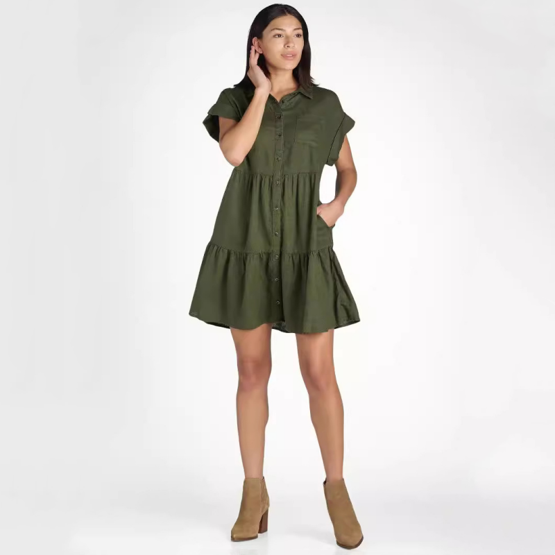 Women's Lapel Short Sleeve Pleated Button-Down Dress
