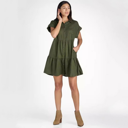 Women's Lapel Short Sleeve Pleated Button-Down Dress