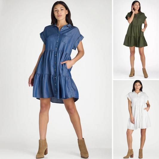 Women's Lapel Short Sleeve Pleated Button-Down Dress