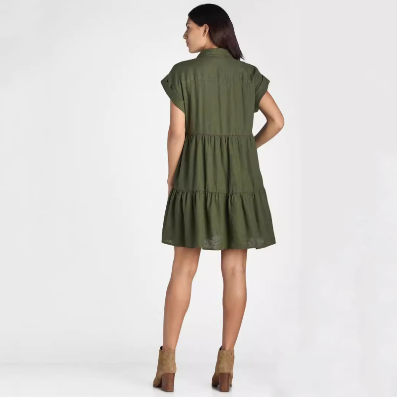 Women's Lapel Short Sleeve Pleated Button-Down Dress