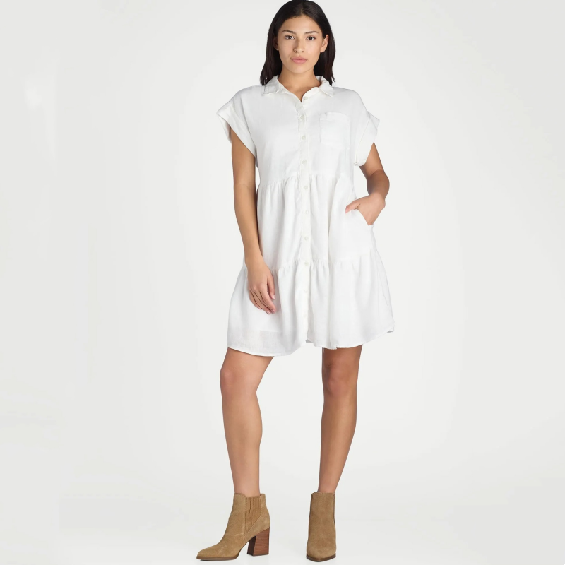 Women's Lapel Short Sleeve Pleated Button-Down Dress
