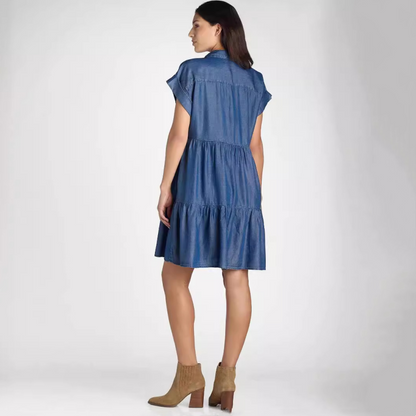 Women's Lapel Short Sleeve Pleated Button-Down Dress