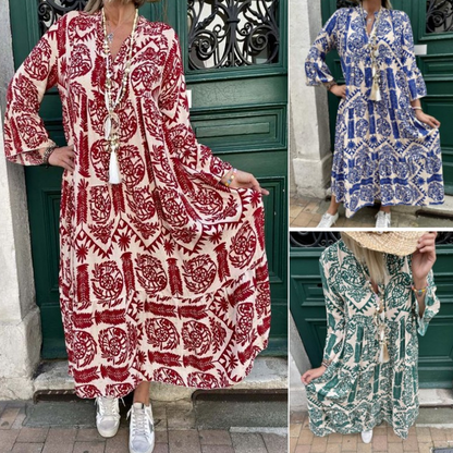 💕Summer Hot Sale 50% OFF💃Women's Printed V-Neck Pleated Dress