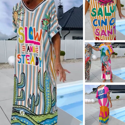 ⏳Time-limited Special⏰Women's Fashion Print Short Sleeve V-Neck Dress