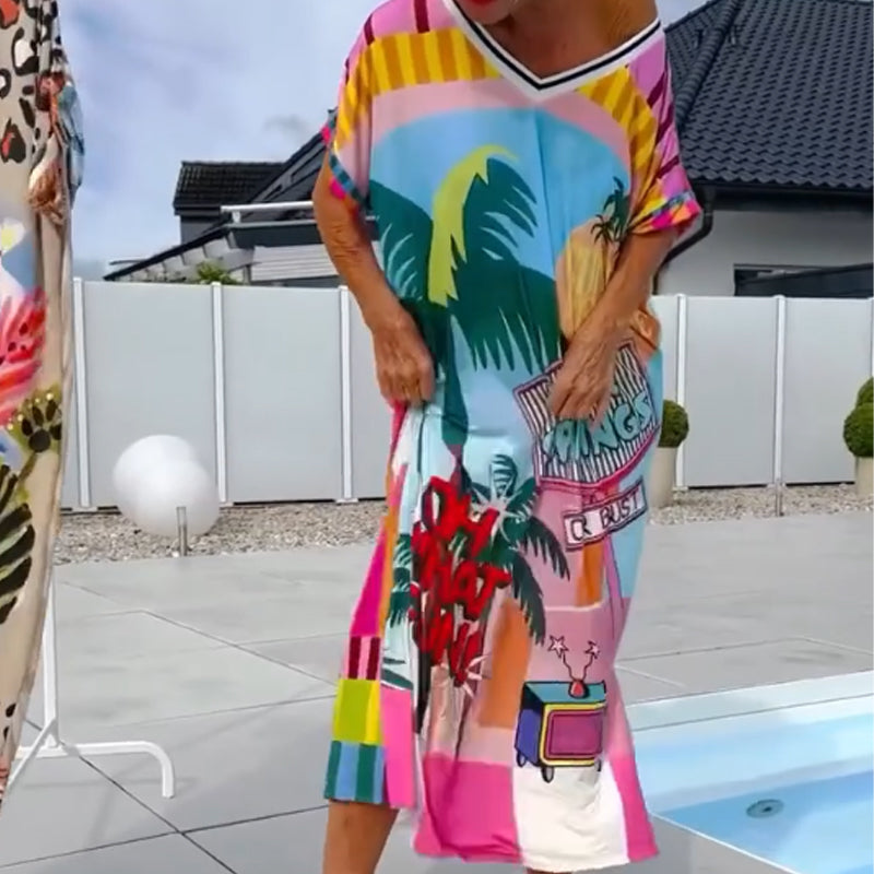 ⏳Time-limited Special⏰Women's Fashion Print Short Sleeve V-Neck Dress