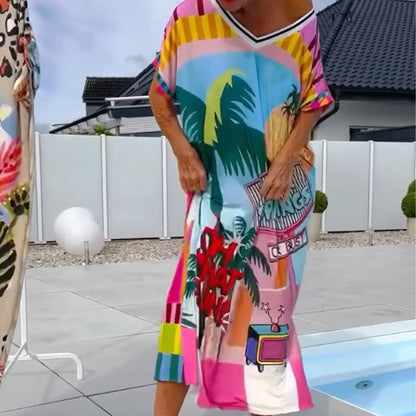 ⏳Time-limited Special⏰Women's Fashion Print Short Sleeve V-Neck Dress