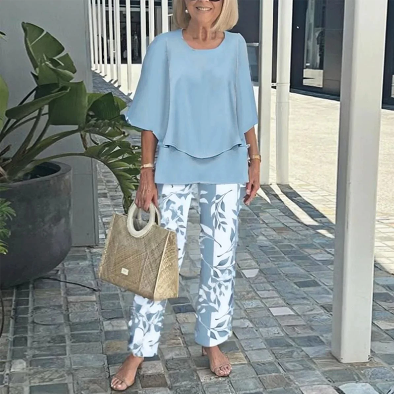Women's Printed Pants and Crew Neck Top Set