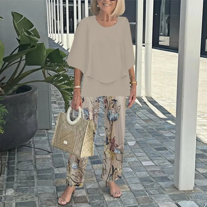 Women's Printed Pants and Crew Neck Top Set