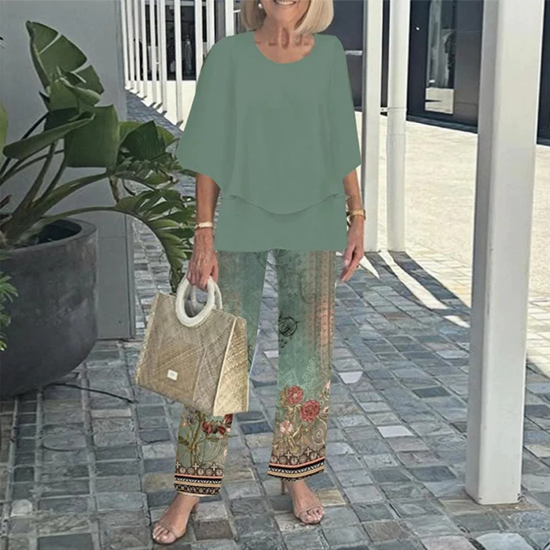 Women's Printed Pants and Crew Neck Top Set