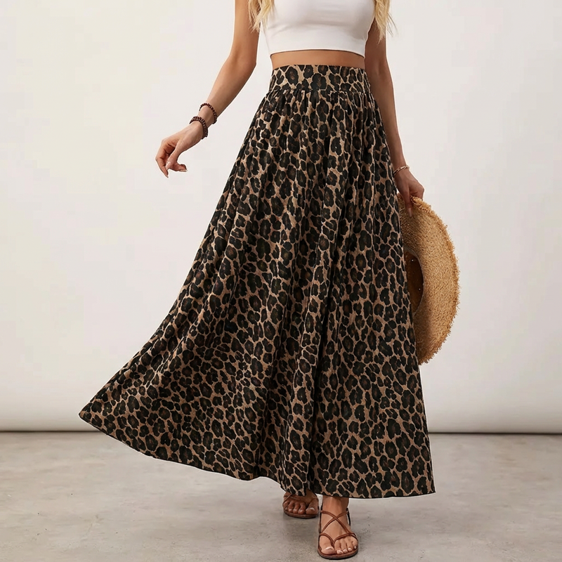 Flowy Leopard Print High Waist Maxi Skirt