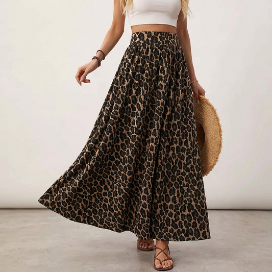Flowy Leopard Print High Waist Maxi Skirt
