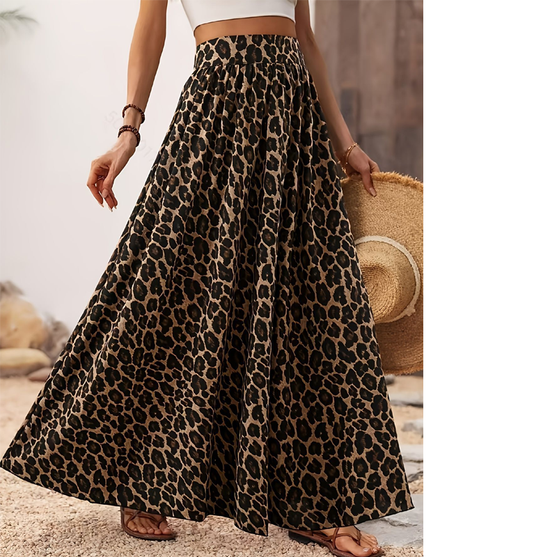 Flowy Leopard Print High Waist Maxi Skirt