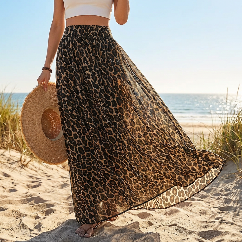 Flowy Leopard Print High Waist Maxi Skirt