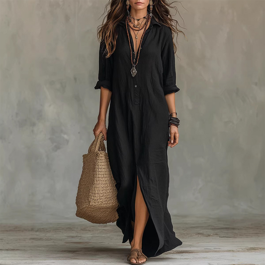🔥Hot Sale Offers-Casual. loose-fitting. long cotton-linen dress with a front slit