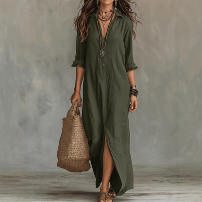 🔥Hot Sale Offers-Casual. loose-fitting. long cotton-linen dress with a front slit
