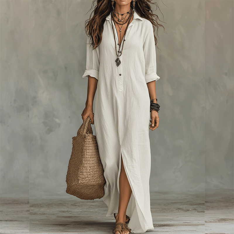 🔥Hot Sale Offers-Casual. loose-fitting. long cotton-linen dress with a front slit