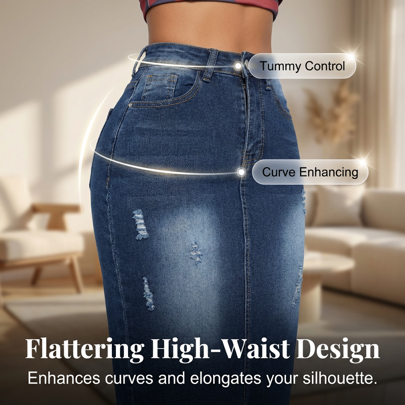 Women's High-Waist Frayed Hem Denim Skirt