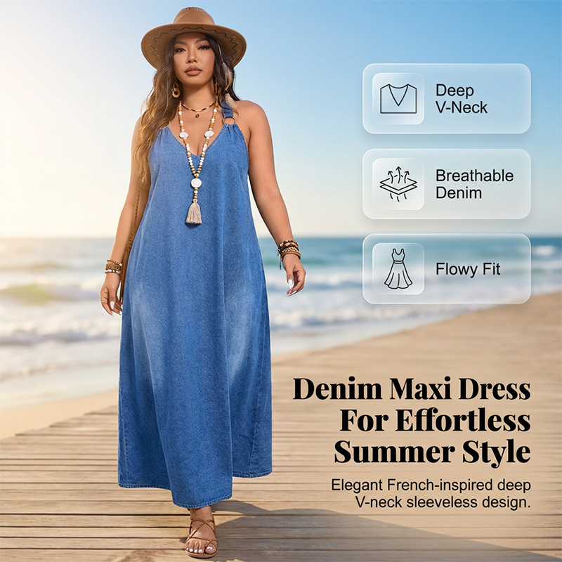 👗 60% OFF NOW! ✨ Casual Loose Fit V-Neck Denim Maxi Dress – Comfortable. Versatile & Perfect for Everyday Wear 🌸
