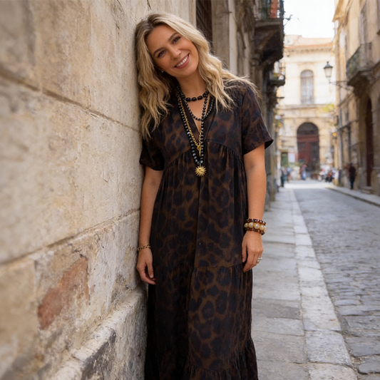 💎 -50% ON WOMEN'S V-NECK LEOPARD PRINT MAXI DRESS! 💎 Flowing Tiered Skirt. Flattering Waist & Short Sleeves ✨