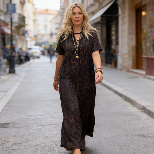 💎 -50% ON WOMEN'S V-NECK LEOPARD PRINT MAXI DRESS! 💎 Flowing Tiered Skirt. Flattering Waist & Short Sleeves ✨