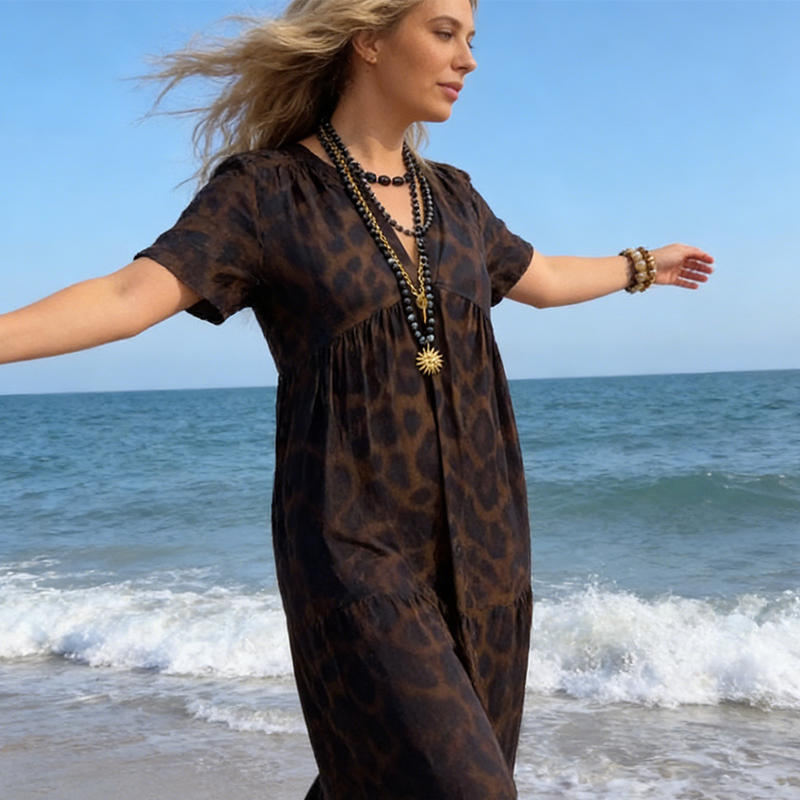 💎 -50% ON WOMEN'S V-NECK LEOPARD PRINT MAXI DRESS! 💎 Flowing Tiered Skirt. Flattering Waist & Short Sleeves ✨